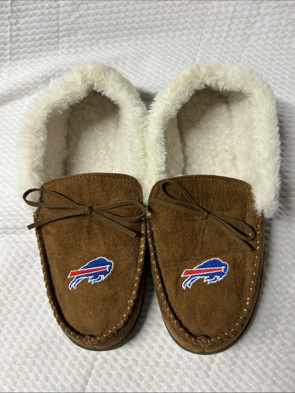 Buffalo Bills Plush-Lined Suede Moccasin Slippers - Brown. Tag is XL.